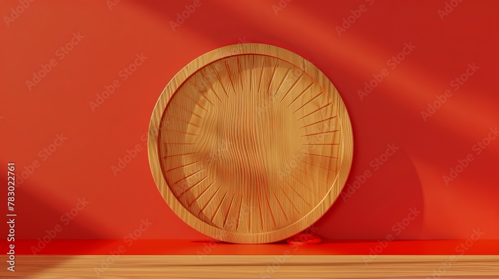 A wooden round plate on a wooden surface with a sunburst on a red background. 3D illustration A wooden round plate on a wooden surface with a sunburst on a red background. 3D illustration
