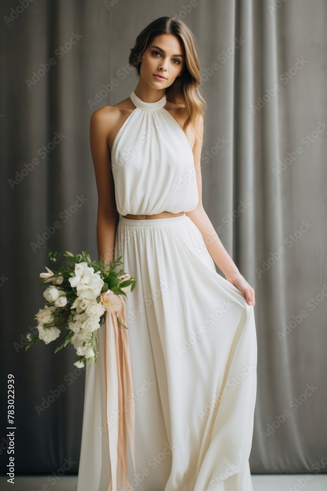 Fototapeta premium Elegant woman in a flowing white dress holding a bouquet stands in a softly lit indoor space for a bridal shoot