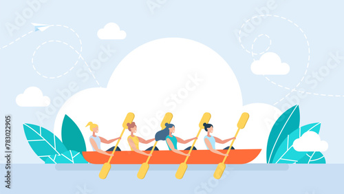 Women's team. Friendly female team rowing in boat together. Colleagues working together. Effective collaboration and organized teamwork. Good relationship between colleagues. Vector illustration