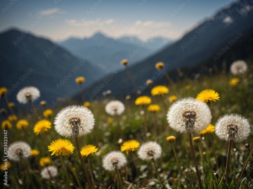 Serene landscape unfolds, where dandelions in various stages of bloom scattered across lush green field, basking in warm embrace of sunlight. Foreground dominated by these delicate flowers.