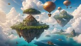 Fantastical floating islands with lush greenery and castles drift above an azure sea, with majestic airships sailing both the skies and waters below.. AI Generation