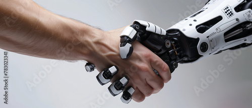 Human and Robotic Handshake Symbolizing Advanced AI Cooperation and the Future of Automation