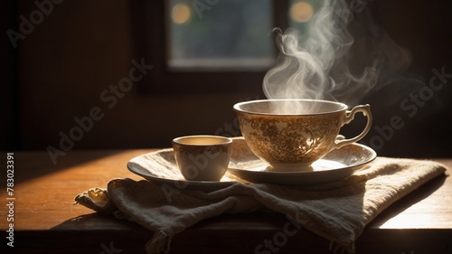 Warm, inviting scene unfolds where steam gracefully ascends from beautifully detailed teacup, indicating freshly poured hot beverage. Cup, adorned with intricate designs.
