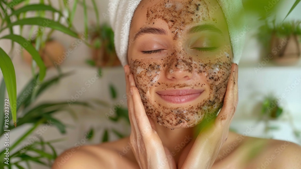 Woman with face mask and towel wrapped around head in relaxation and selfcare concept Woman with face mask and towel wrapped around head in relaxation and selfcare concept