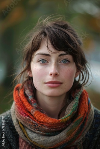 Portrait of a beautiful girl in a scarf on the street