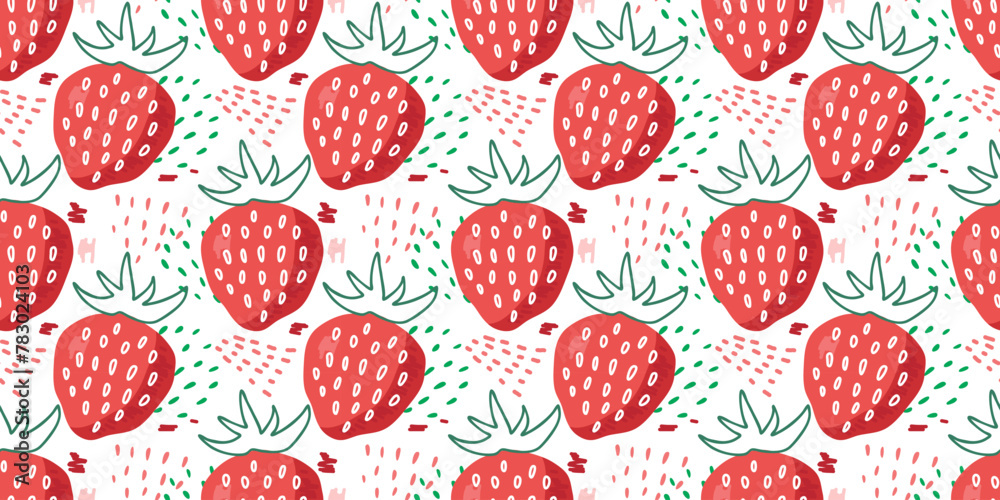 Seamless Red Strawberry pattern. Doodle Vector red sweet juicy berries organic food. Scribble style with fresh fruit for healthy diet. Summer tropical prints for textile, wallpaper, packing, wrapping Seamless Red Strawberry pattern. Doodle Vector red sweet juicy berries organic food. Scribble style with fresh fruit for healthy diet. Summer tropical prints for textile, wallpaper, packing, wrapping