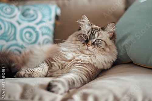 Beautiful long-haired cat of siberian breed on the couch