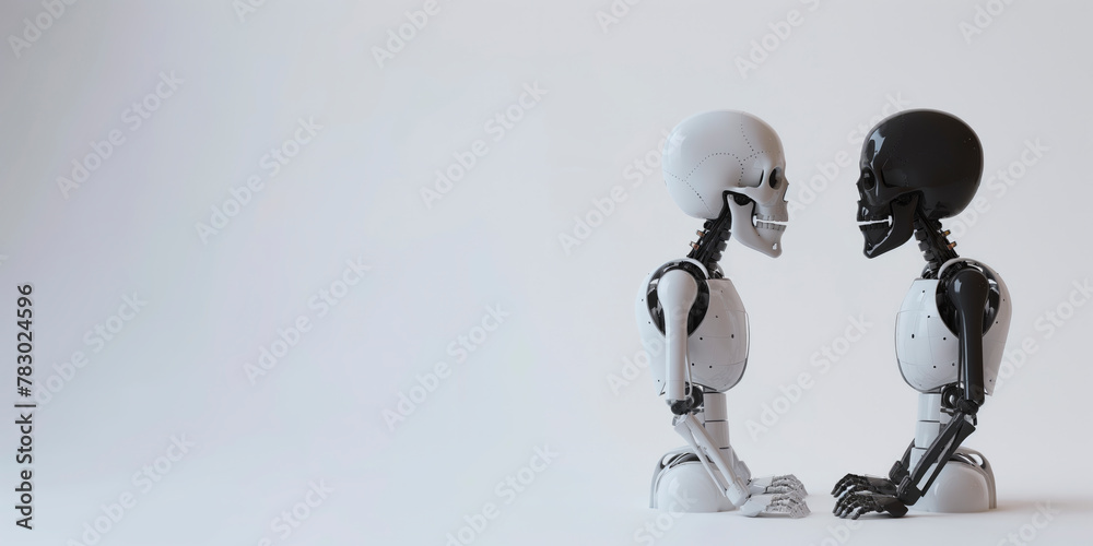 a white and a black robot human skeleton stare at each other, technological singularity concept - obrazy, fototapety, plakaty 