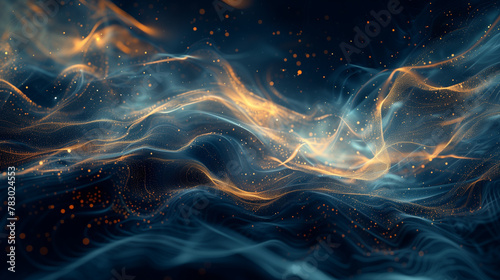 energy of wave particle Dynamic Blue and Gold Abstract Graphic Background with Cosmic Landscape
