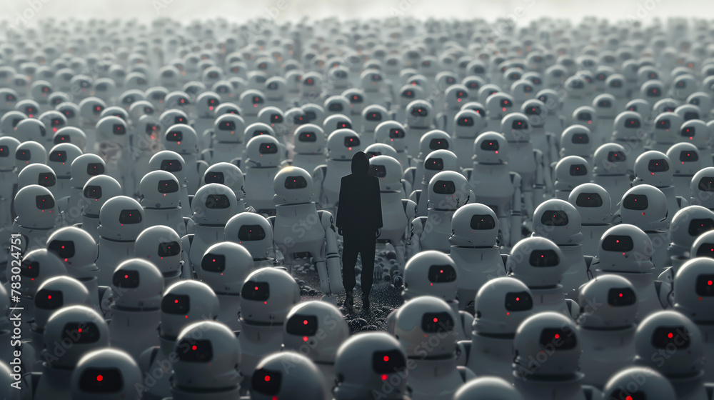 a man stands amongst a sea of robots. dead internet theory concept a man stands amongst a sea of robots. dead internet theory concept