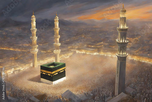 Oil painting artistic image of makkah during hajj, make a blank space photo