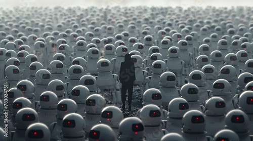 a man stands amongst a sea of robots. dead internet theory concept