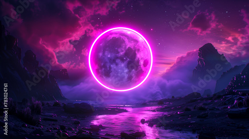 Glowing purple sphere with a moon inside  fantasy retrowave landscape with neon lights