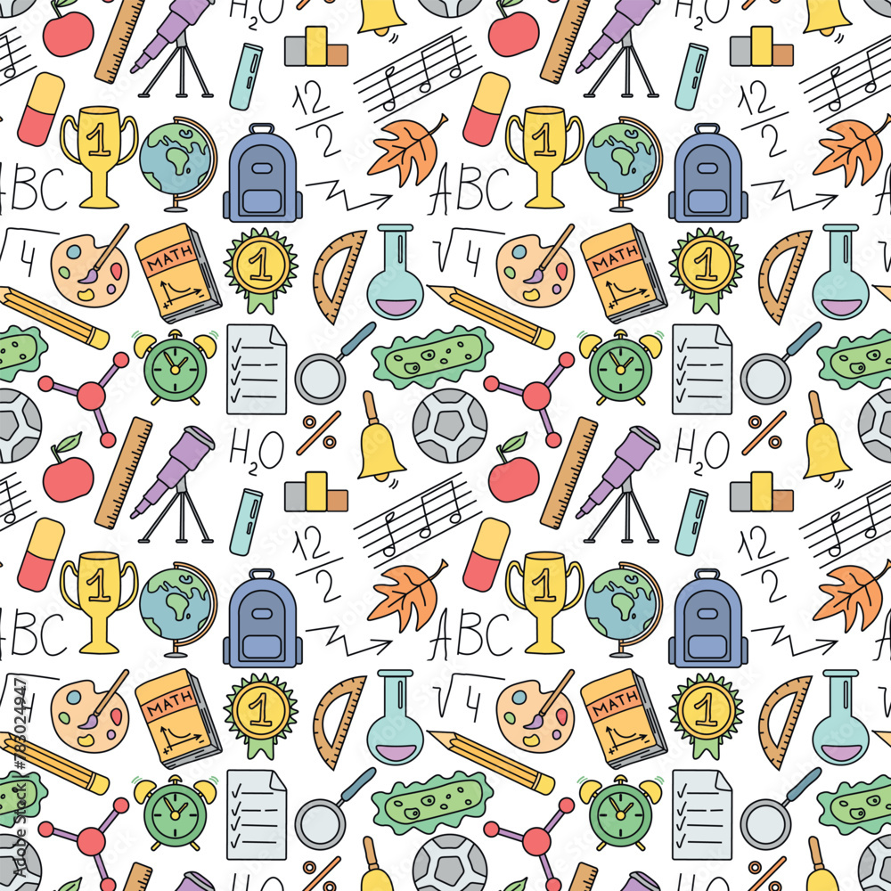 Seamless school pattern. Hand drawn doodle school background. Education illustration
