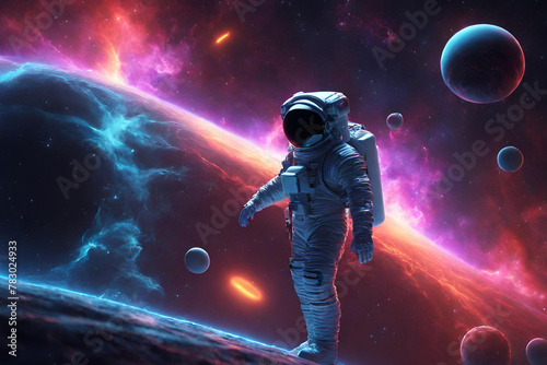 Neon 3D image of an astronaut in outer space looking at a black hole and a nebulous background, stars and galaxies © superbphoto95