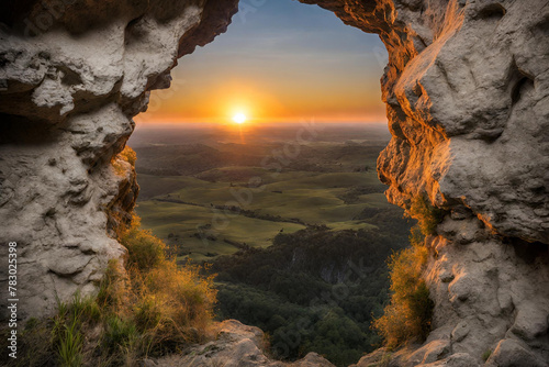 Framed photo of a beautiful sunrise seeing from a cave with have a cros on it