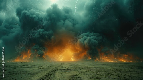 Panoramic Landscape View of Firestorm and billows of black smoke in the Desert Under a Brooding Sky.