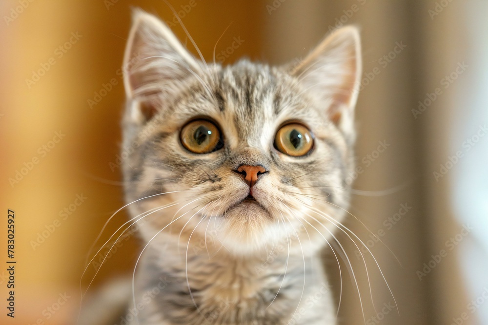 Portrait of cute tabby cat on blurred background, closeup