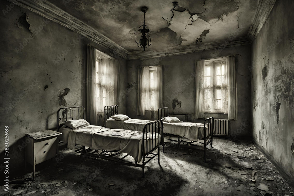 Baroque artistic image of old broken down creepy mental hospital inside patient room scary