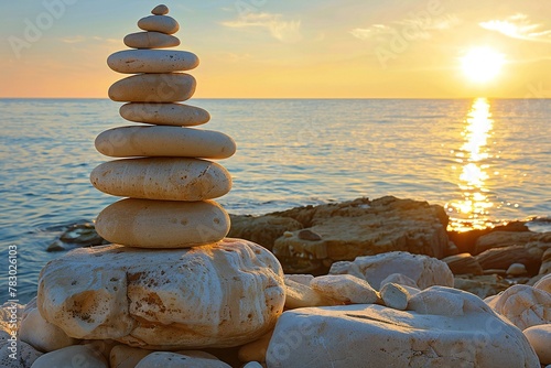 Stacked zen stones on the seashore at sunrise