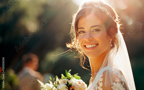 Beautiful bride portrait standing on nature with large bouquet and sun rays. Wedding portrait session of young bride.