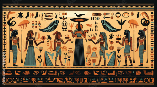 Egyptian winged goddess Maat surrounded by Horus an