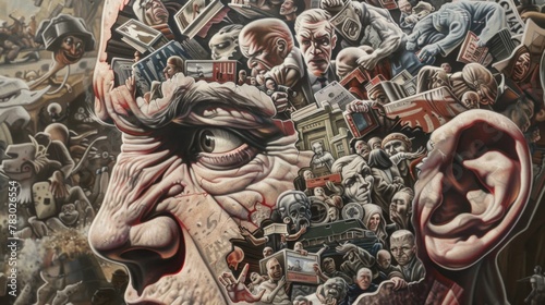 wimmelbilder illustration of a detailed cutaway a angry mans head, filled with political images insanely detailed and hyper-realistic. photo