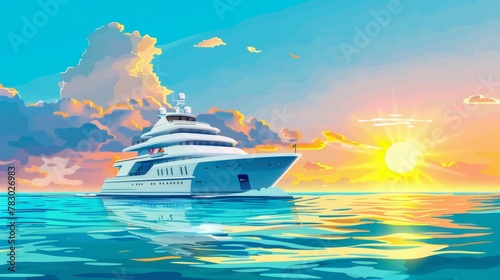 A white ship sailing on the blue ocean with the sun rising above the horizon depicts a dreamy tropic cruise. © Mark
