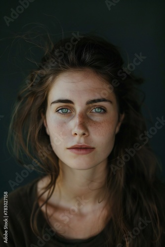 Portrait of a beautiful young woman with long brown hair on a black background