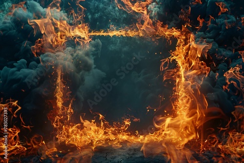 Burning fire frame on a dark background, rendering