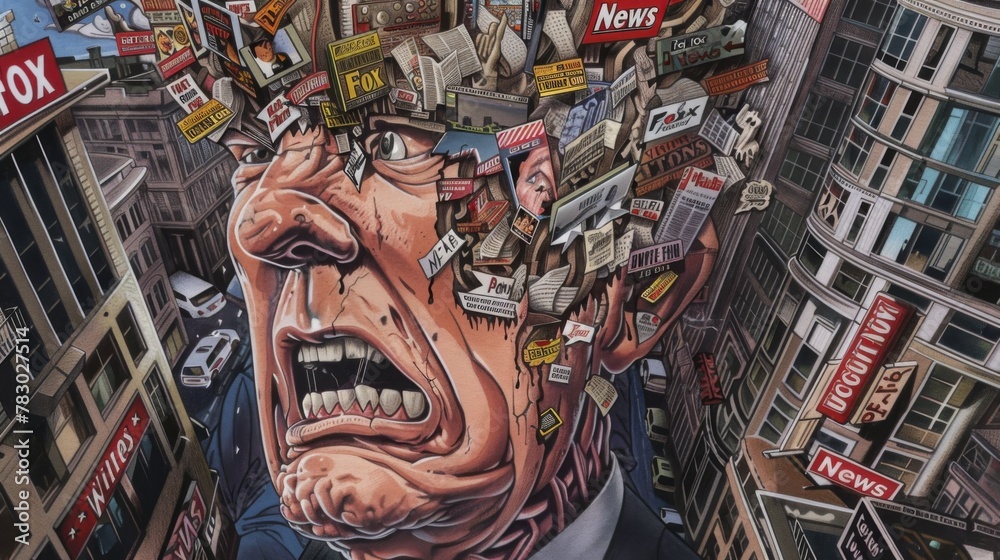 wimmelbilder illustration of a detailed cutaway a angry mans head, filled with political images insanely detailed and hyper-realistic.