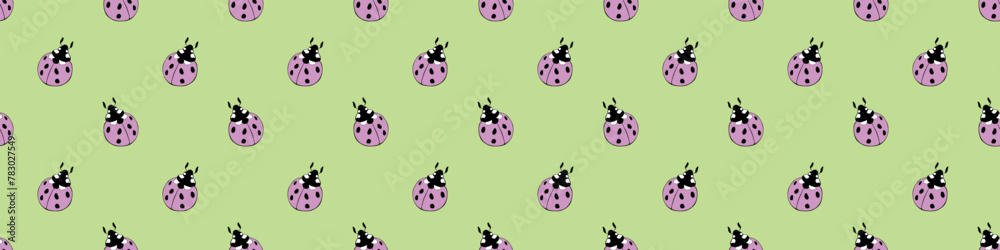 Vector seamless pattern of cute pink ladybugs in flat style. Background and texture on theme of nature, spring, summer, children print, isolated