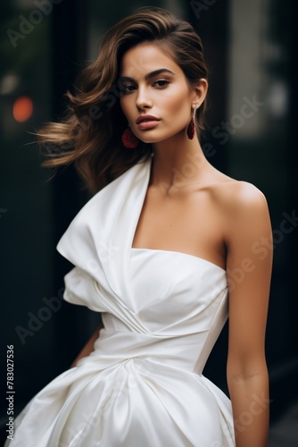 Elegant woman wearing a stylish white dress poses confidently on a city street in the afternoon light, showing fashion-forward design and a modern aesthetic