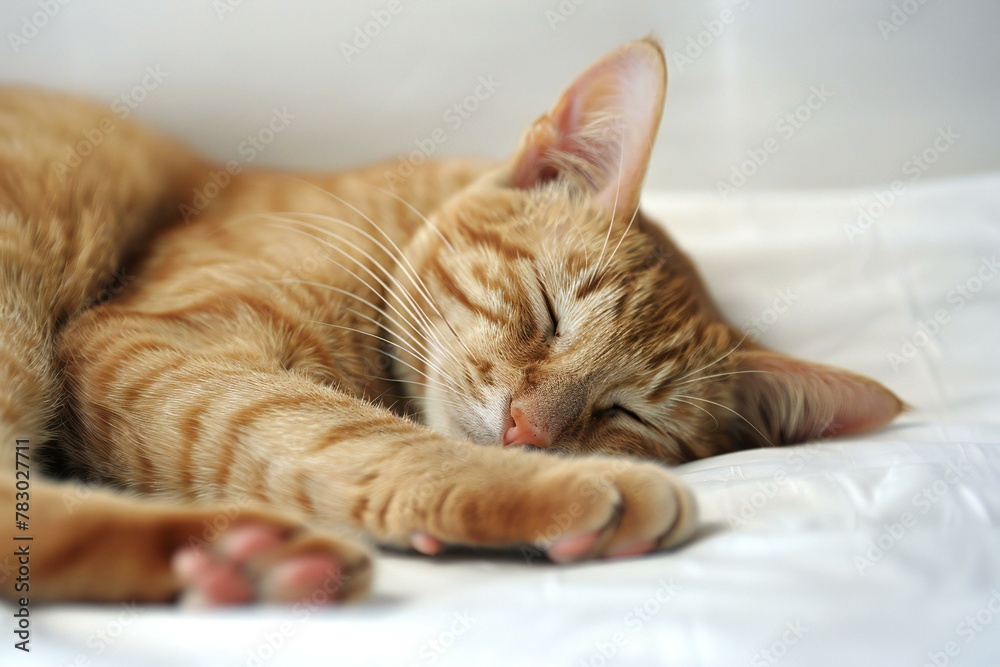 Cute ginger cat sleeping on white bed, close-up