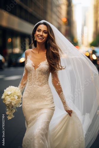 cheerful bride wearing long veil