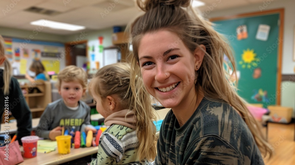 A cheerful young educator engages with toddlers in a colorful, playful kindergarten classroom environment. A cheerful young educator engages with toddlers in a colorful, playful kindergarten classroom environment.