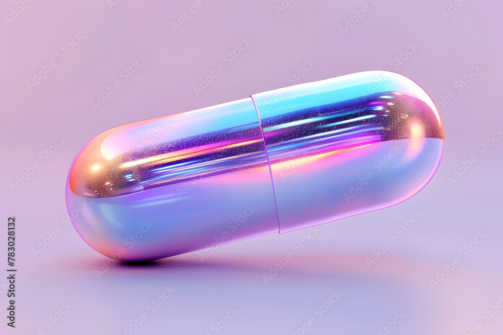 Glowing holographic capsule pills isolated on pink background Glowing holographic capsule pills isolated on pink background