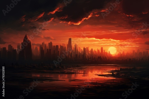 A breathtaking cityscape at sunset with skyscrapers silhouetted against a fiery sky