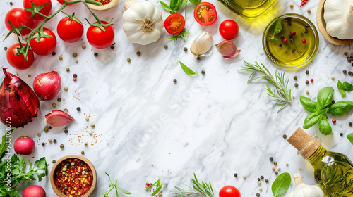 Tomatoes, Olive Oil, and Herbs on Marble Background. Fresh tomatoes, aromatic herbs, spices, and olive oil set on white marble, perfect for Mediterranean cuisine concepts, recipe websites, culinary