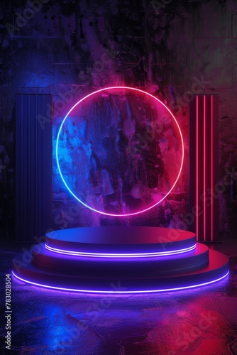 Neon-Lit Round Object in Dark Room