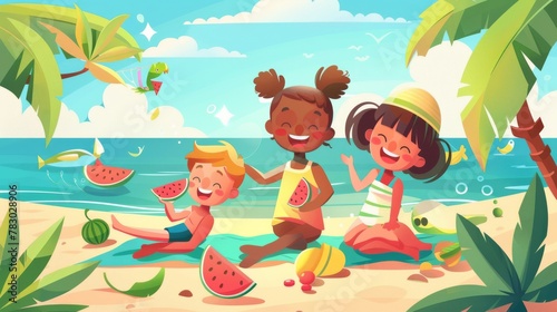 Kids summer activities on the beach. Children eating watermelon, playing in water, and sunbathing on blankets.