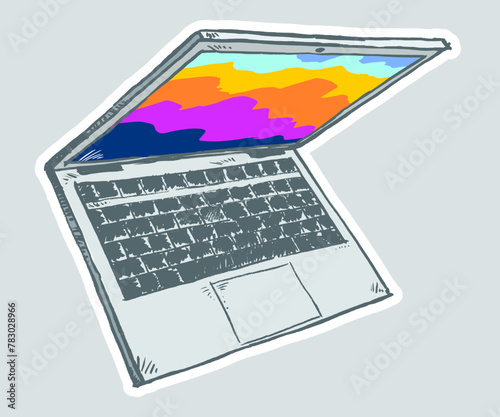 A laptop computer with colorful display in ink drawing style, high angle, surrounded by white space on light color background. Technology concept.
