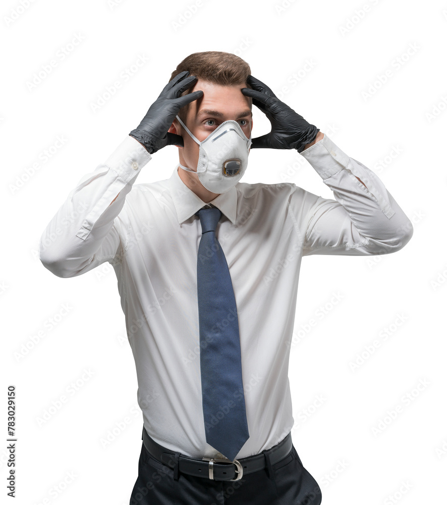 A man in business attire wearing gloves and a protective mask against a white background, concept of health safety A man in business attire wearing gloves and a protective mask against a white background, concept of health safety