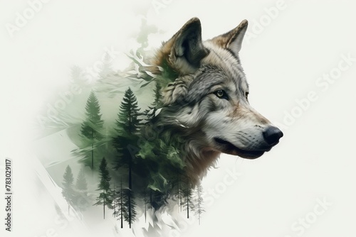 Double exposure of a forest and a wolf