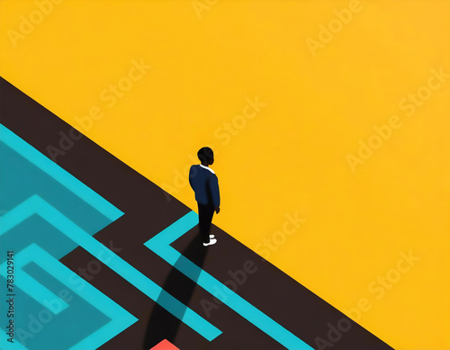 Boy coming out of a labyrinth. Flat minimalist illustration. 