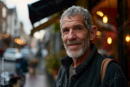 Portrait of a handsome senior man with gray beard in the city.