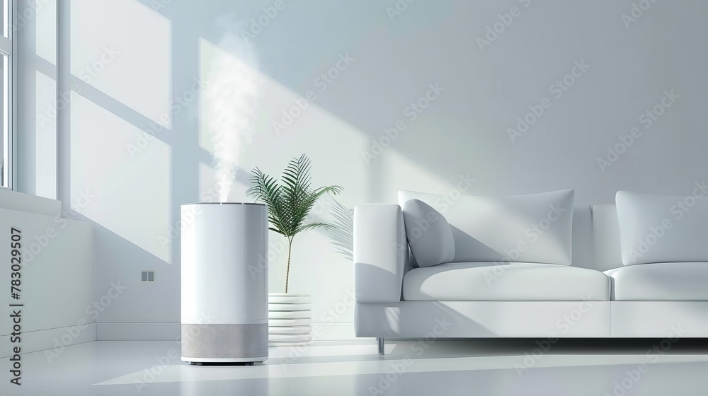 White air purifier machine for home. Fresh air flows from the appliance in the living room - obrazy, fototapety, plakaty 