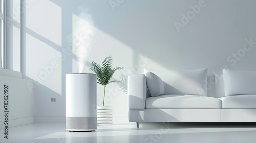 White air purifier machine for home. Fresh air flows from the appliance in the living room