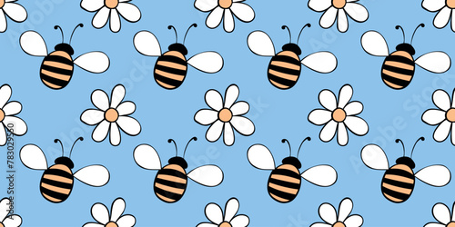 Vector seamless pattern of contoured fat little bees and flowers in doodle style. Cute cartoon honey insects on glade. Bright background, texture on theme of nature, spring, summer, children print