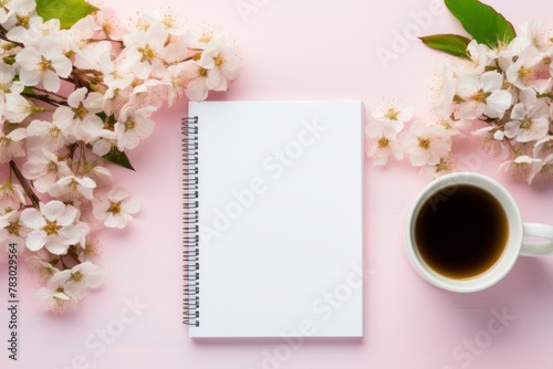 Fresh and vibrant spring mockup featuring blooming flowers, a journal, and a cup of tea